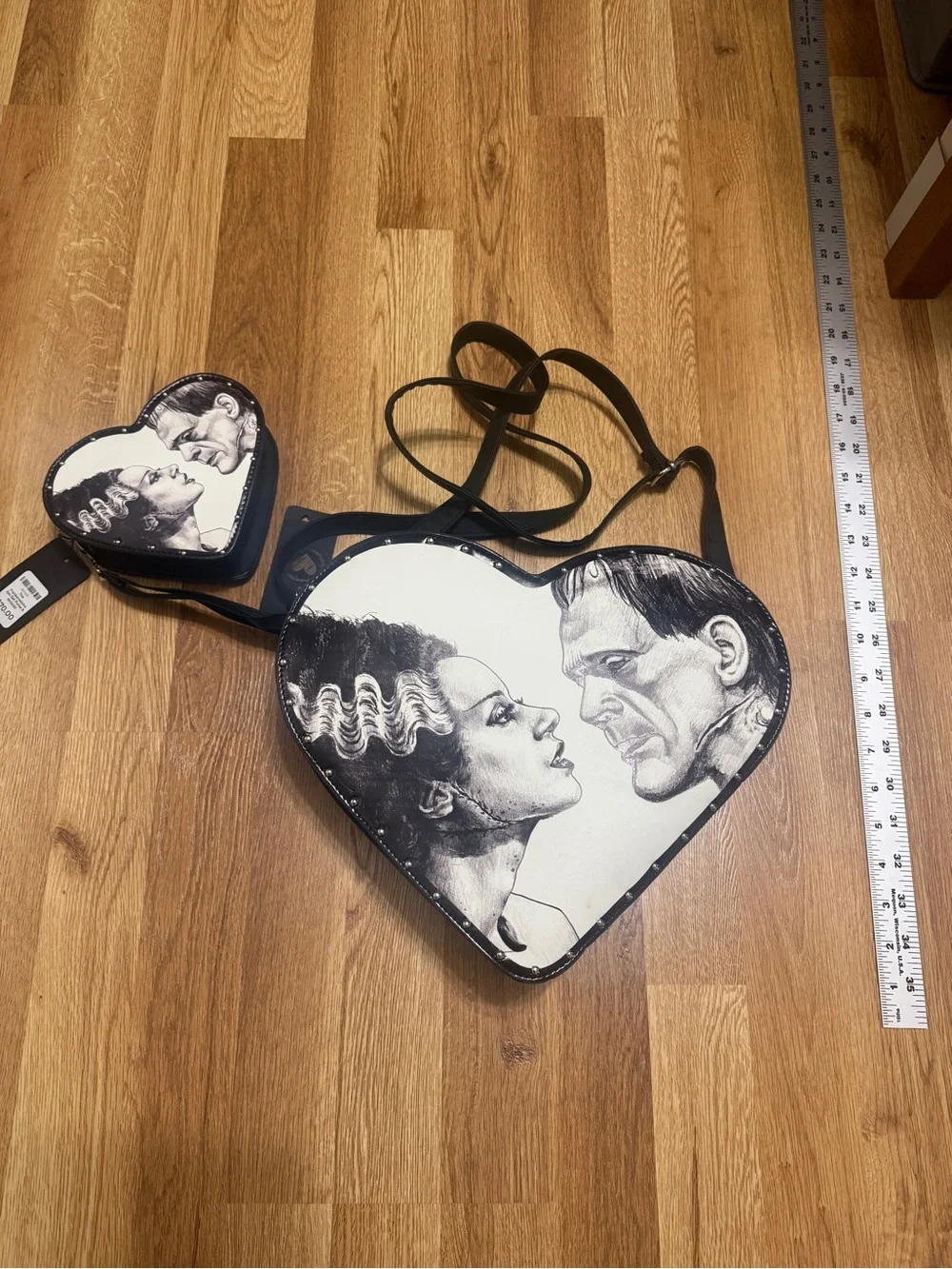 Heart-Shaped Frankenstein Crossbody Purse and Wristlet Set - Black & White NWT